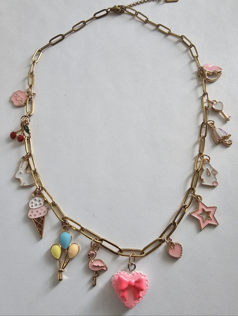 Gold Tone Charm Paperclip Necklace with Pink Heart & Pastel Charms